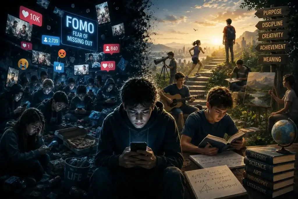 Young people absorbed in smartphones and social media contrast with a path toward education, creativity, discipline and purpose.
