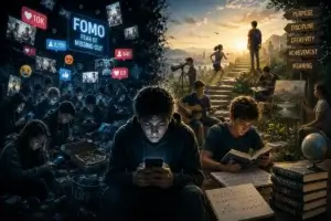 Young people absorbed in smartphones and social media contrast with a path toward education, creativity, discipline and purpose.