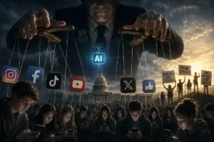 Big Tech puppet master controlling social media and AI over a smartphone-absorbed crowd near the U.S. Capitol.