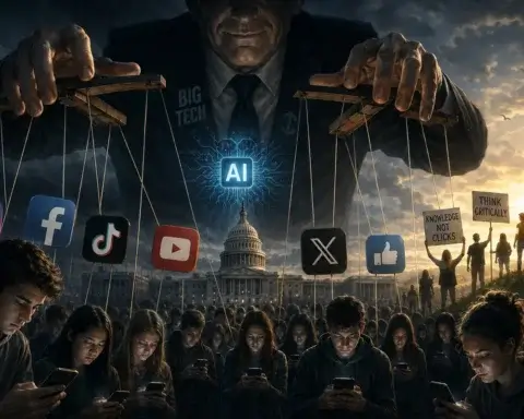 Big Tech puppet master controlling social media and AI over a smartphone-absorbed crowd near the U.S. Capitol.
