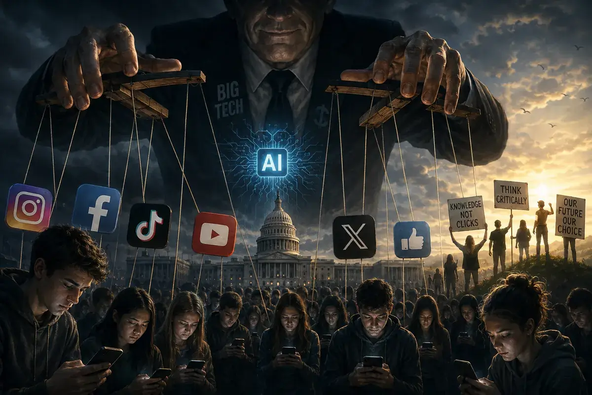 Big Tech puppet master controlling social media and AI over a smartphone-absorbed crowd near the U.S. Capitol.